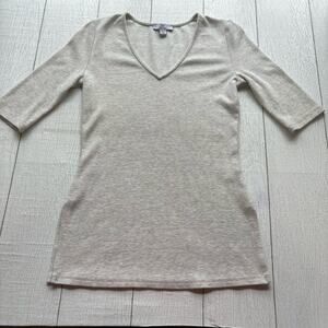H Halston Marbled Gray V Neck Ribbed Shirt XS Stretch Top